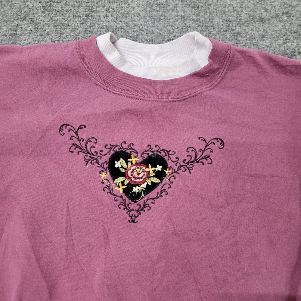 Unbranded Sweatshirt Womens Size L Purple Heart Floral Embroidered Pullover Crew